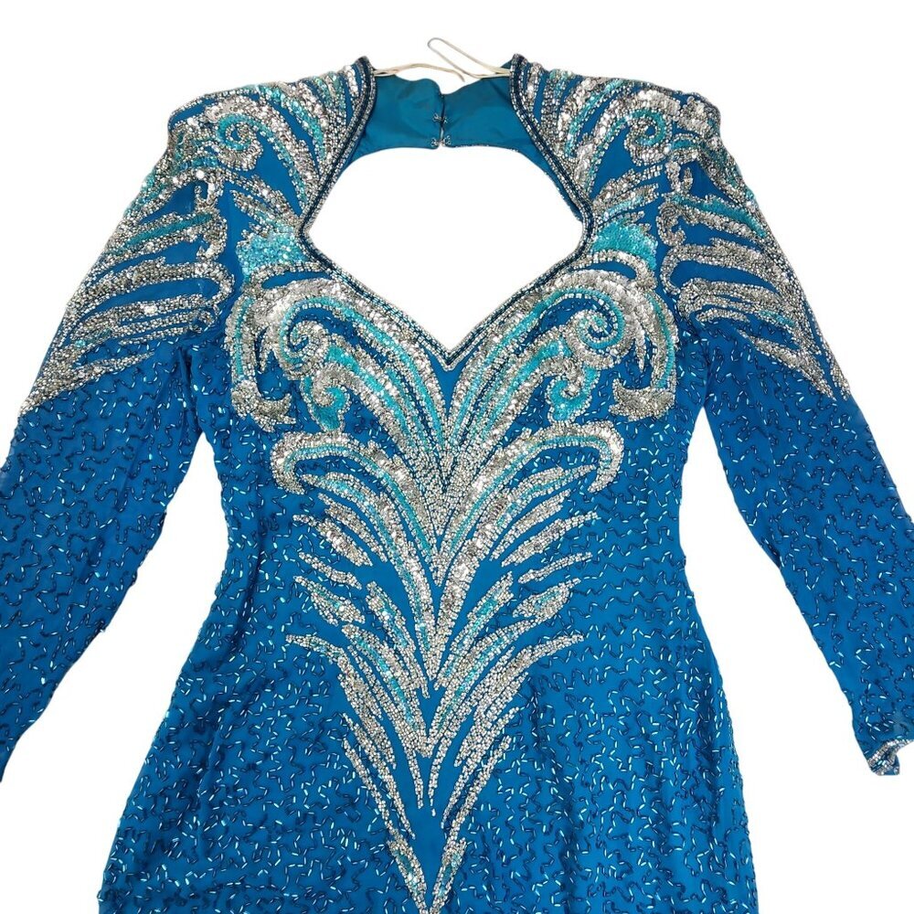 Vintage Alyce Designs Blue Sequin Gown With Beaded Patterns Long Sleeves & Front